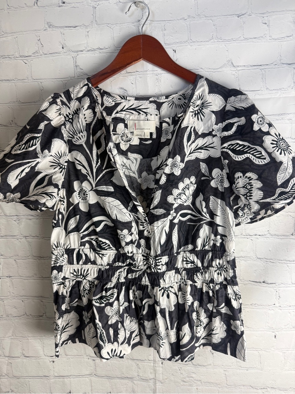 Anthropologie Black & White Floral Peplum Blouse
